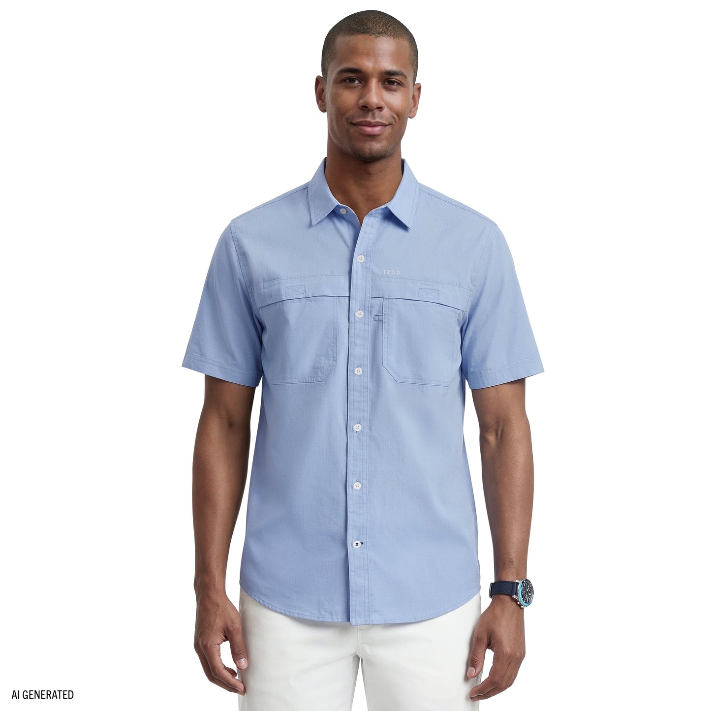 Izod SUNSHIELD PERFORMANCE S/S BUTTON-DOWN SHIRT - CHAMBRAY BLUE