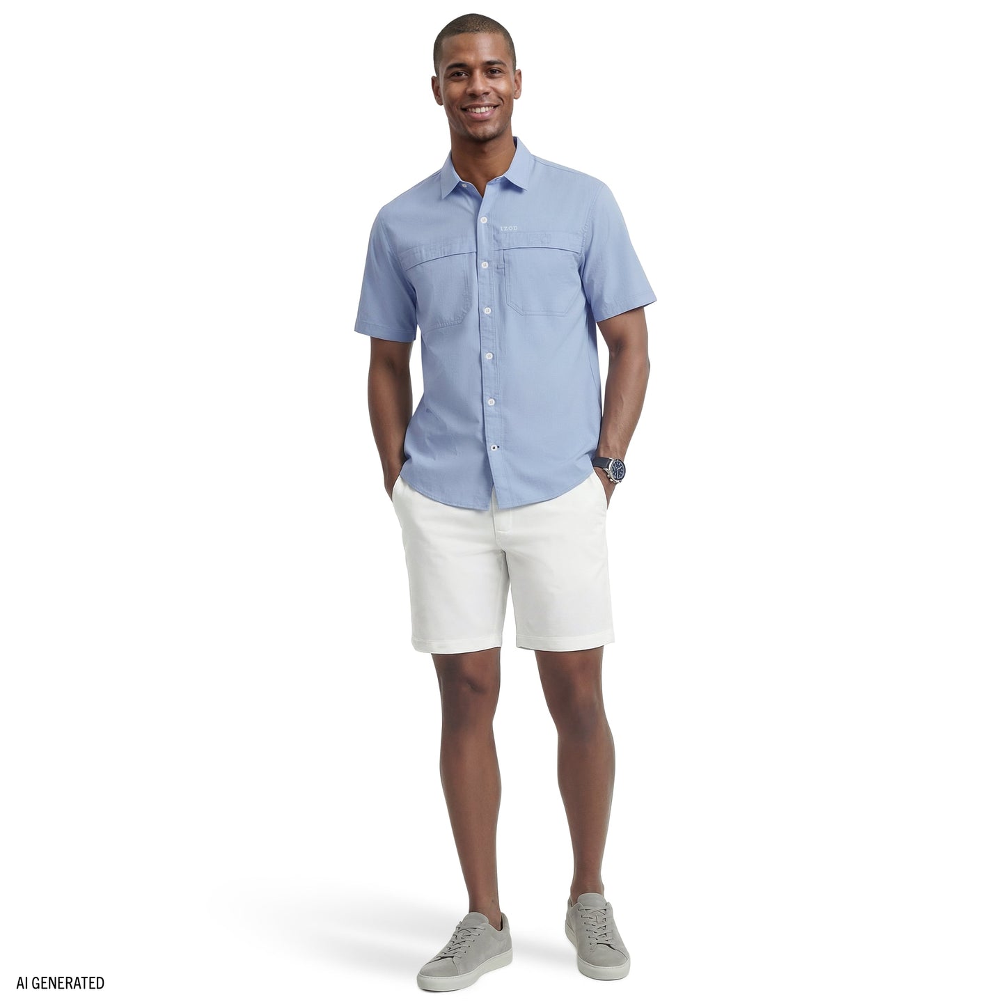 Izod SUNSHIELD PERFORMANCE S/S BUTTON-DOWN SHIRT - CHAMBRAY BLUE