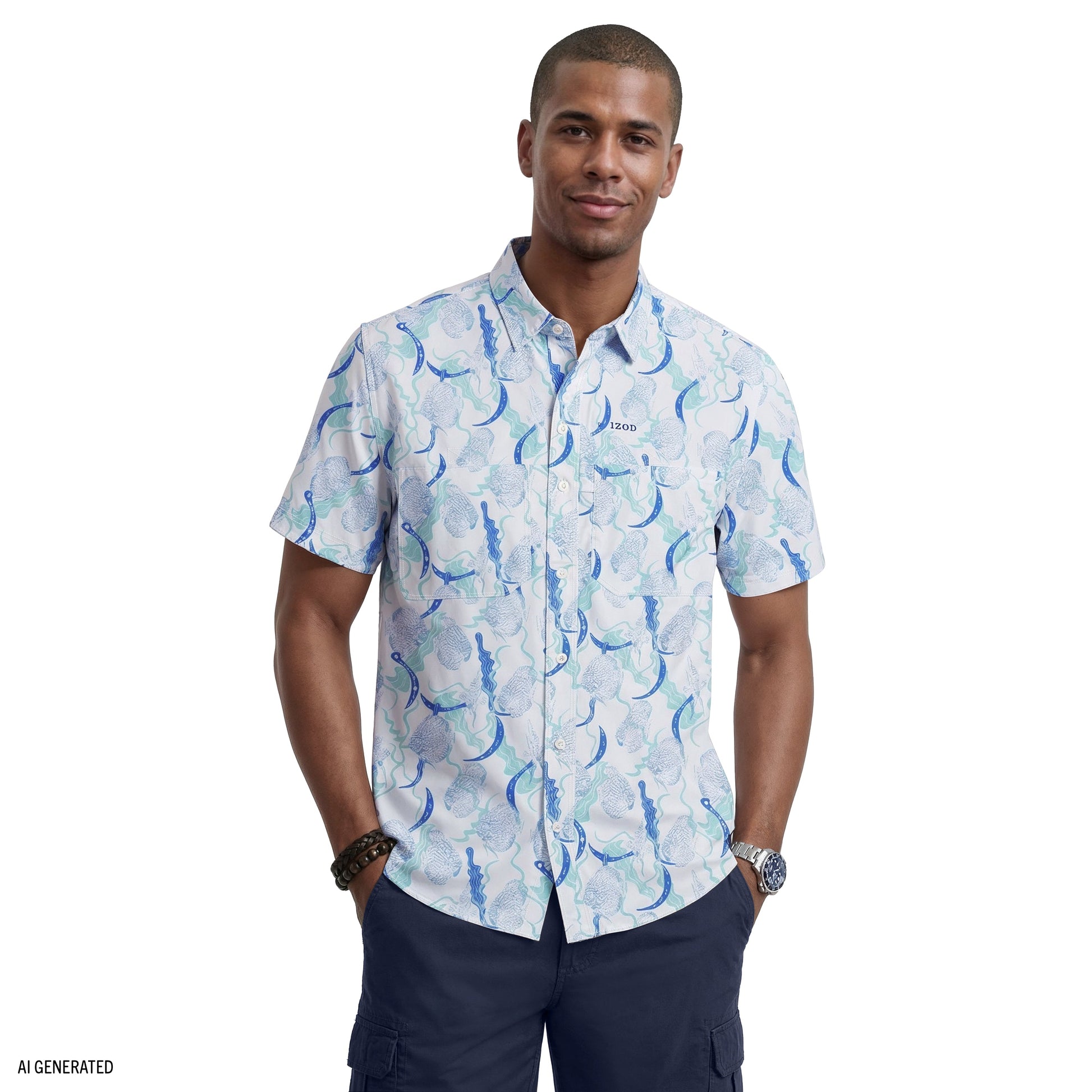 Izod SUNSHIELD PERFORMANCE S/S PRINTED BUTTON-DOWN SHIRT - BRIGHT WHITE