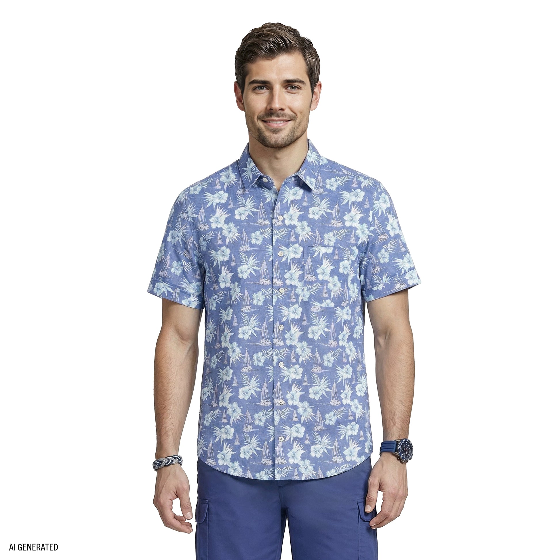 Izod DOCKSIDE CHAMBRAY S/S PRINTED BUTTON-DOWN SHIRT - VALLARTA BLUE