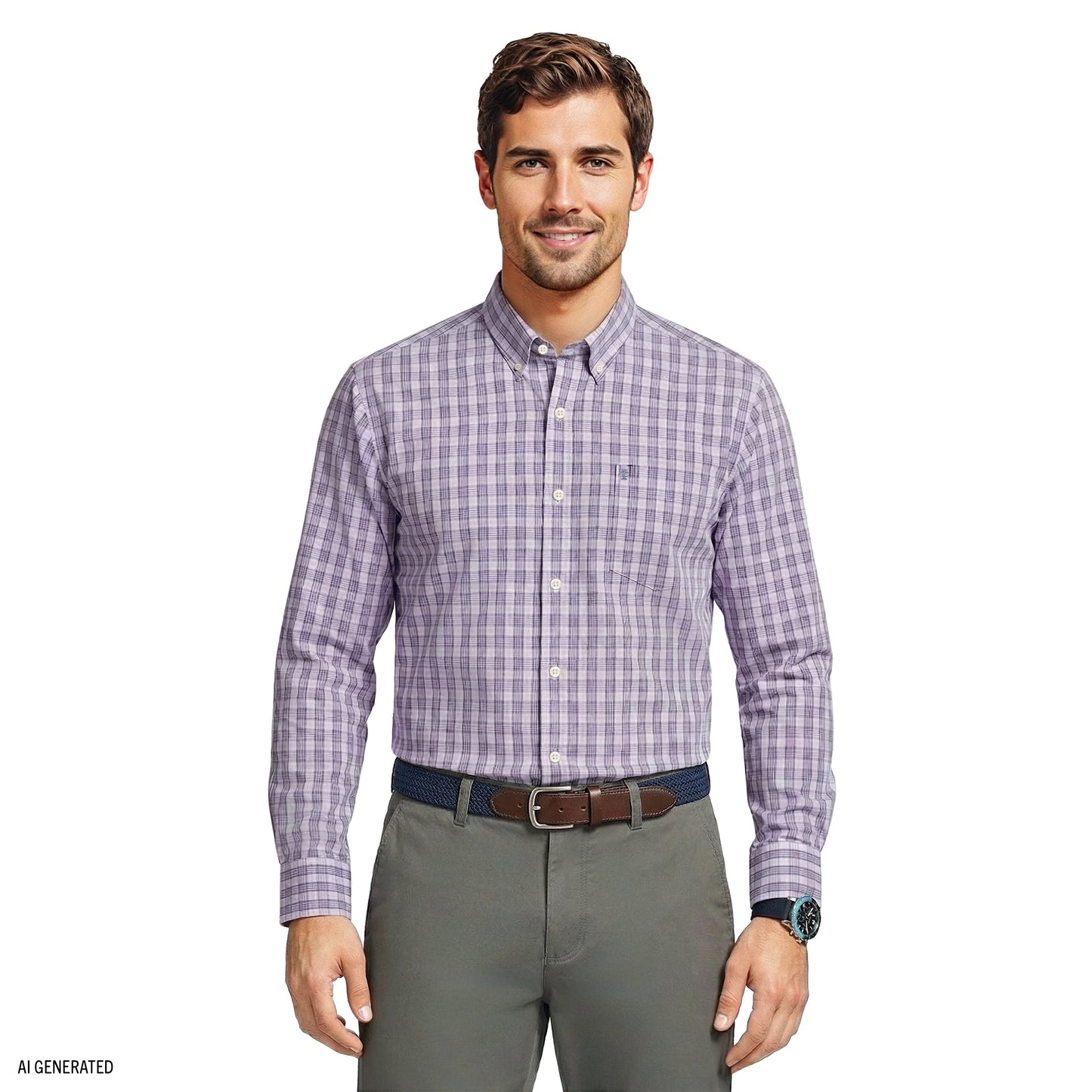 Izod Performance Comfort L/S Plaid Shirt - English Lavender
