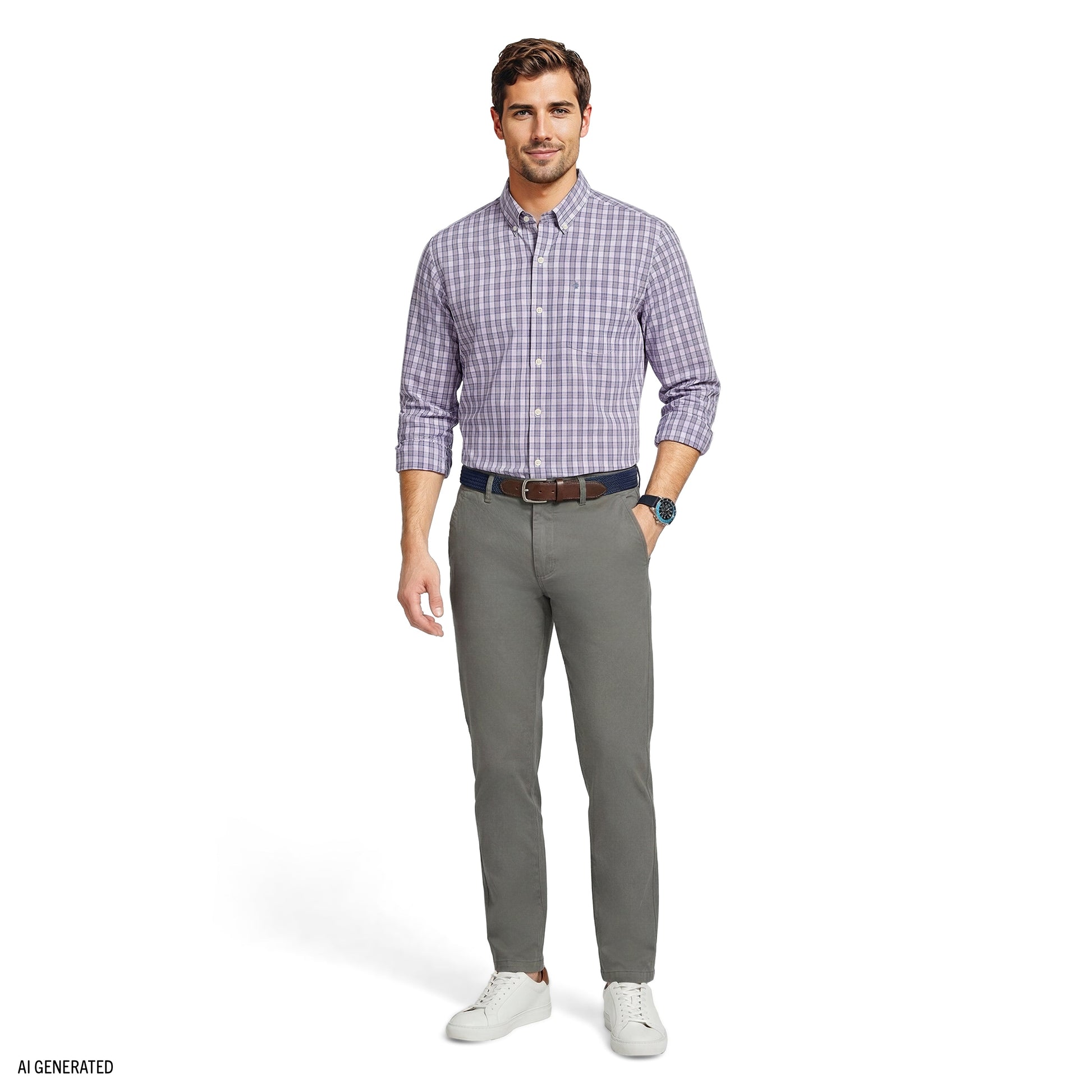 Izod Performance Comfort L/S Plaid Shirt - English Lavender