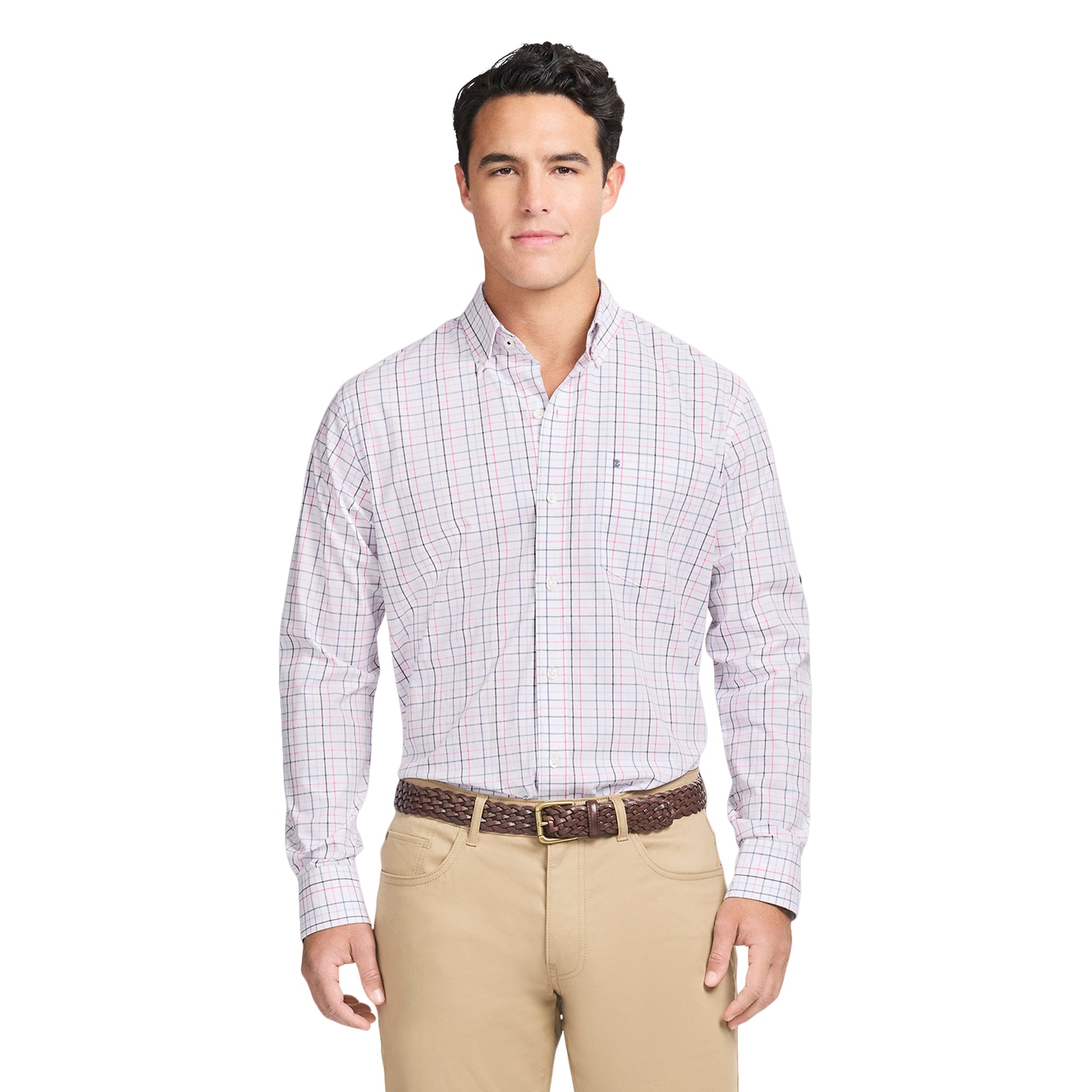 Izod Performance Comfort L/S Plaid Shirt - Fandango Pink