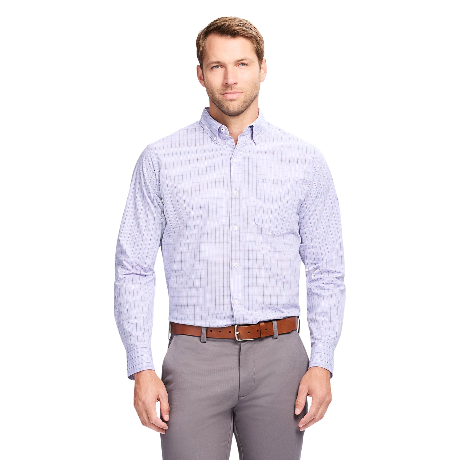 Izod Performance Comfort L/S Plaid Shirt - Pastel Lilac