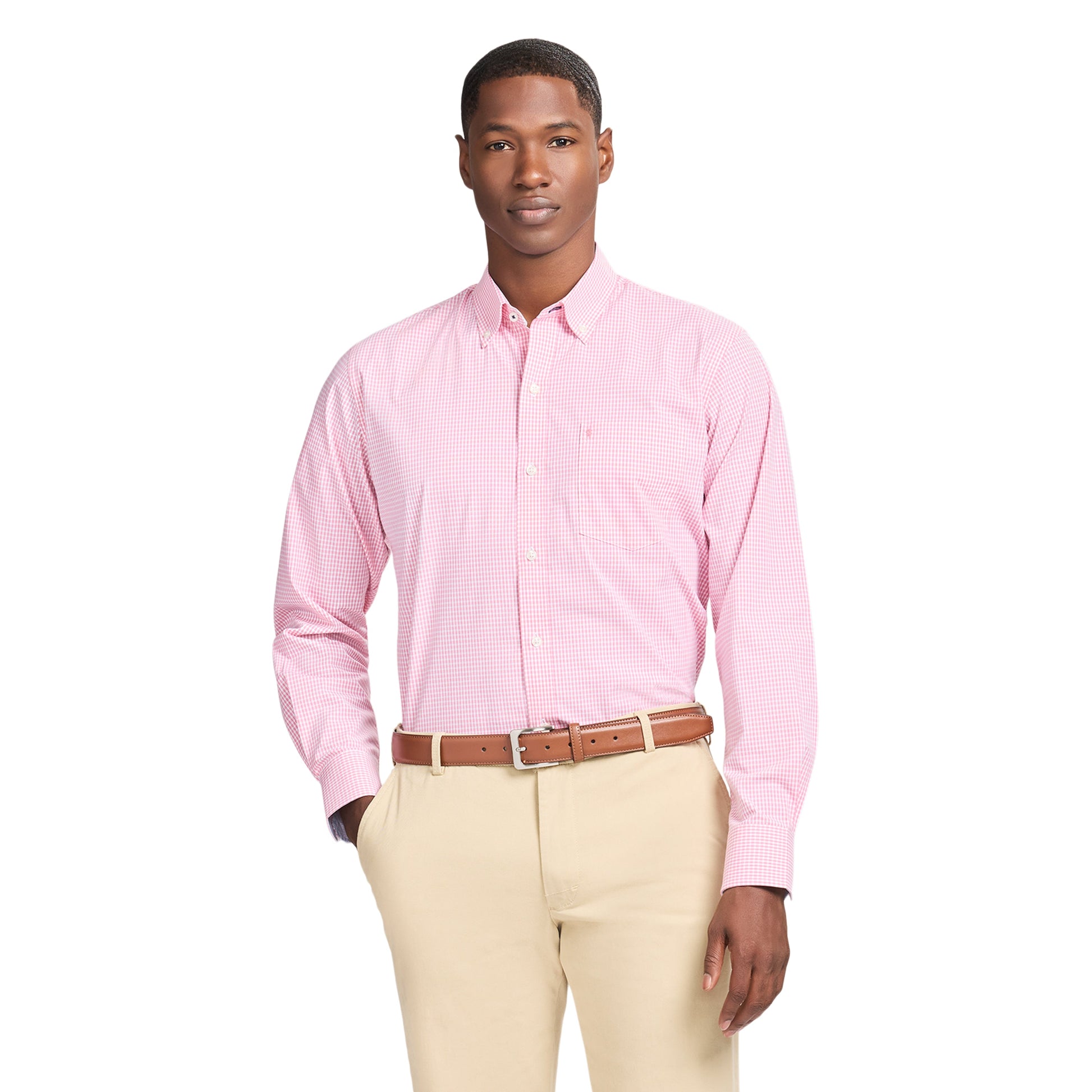 Izod Performance Comfort L/S Plaid Shirt - Pink Lemonade