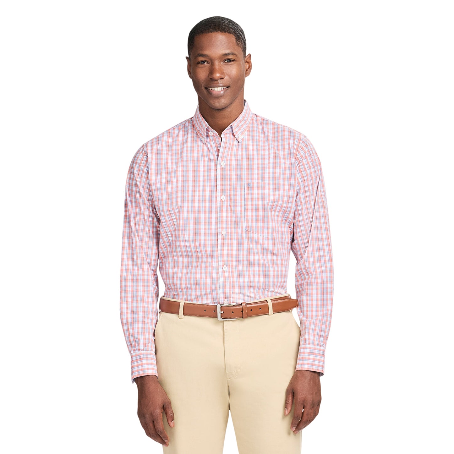 Izod Performance Comfort L/S Plaid Shirt - Coral Rose