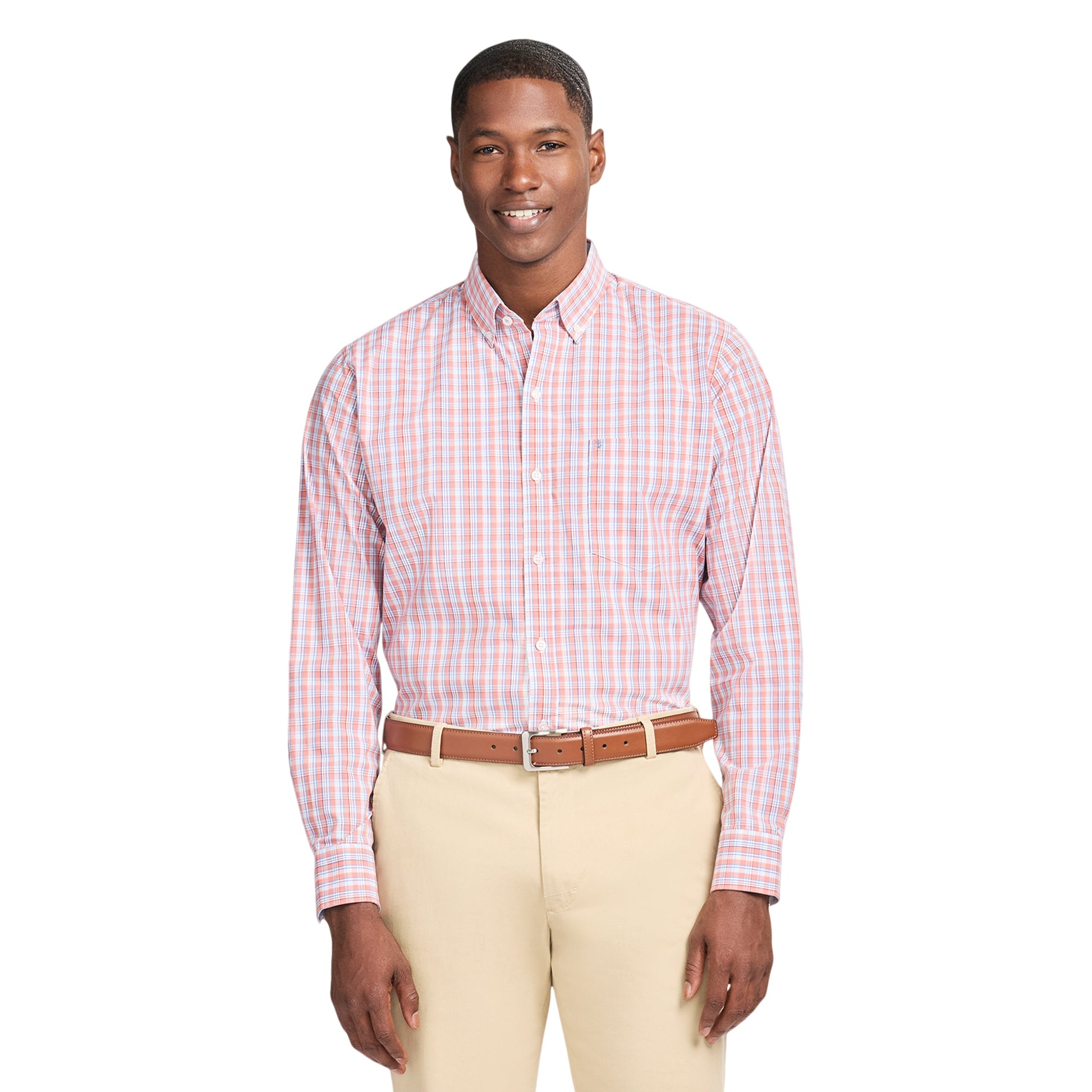 Izod Performance Comfort L/S Plaid Shirt - Coral Rose