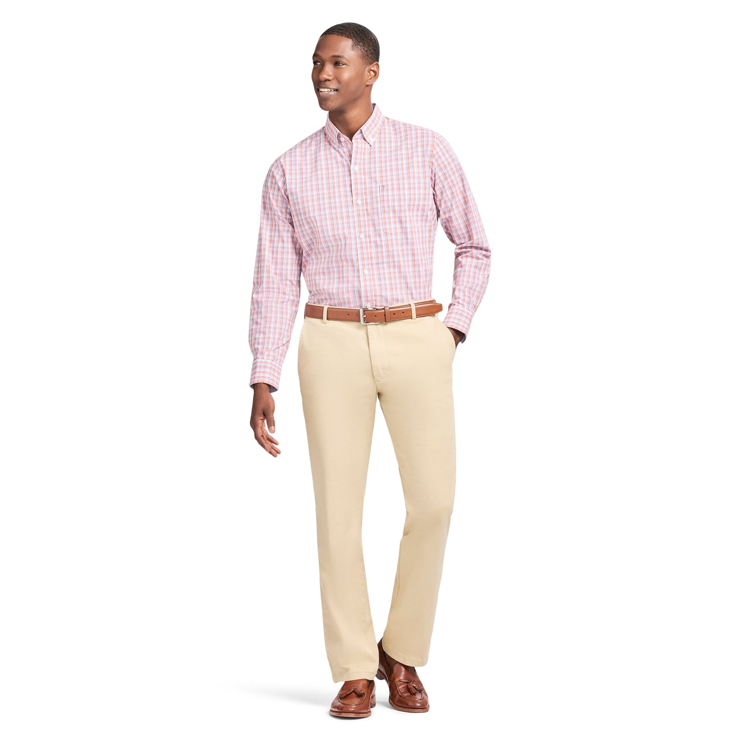 Izod Performance Comfort L/S Plaid Shirt - Coral Rose