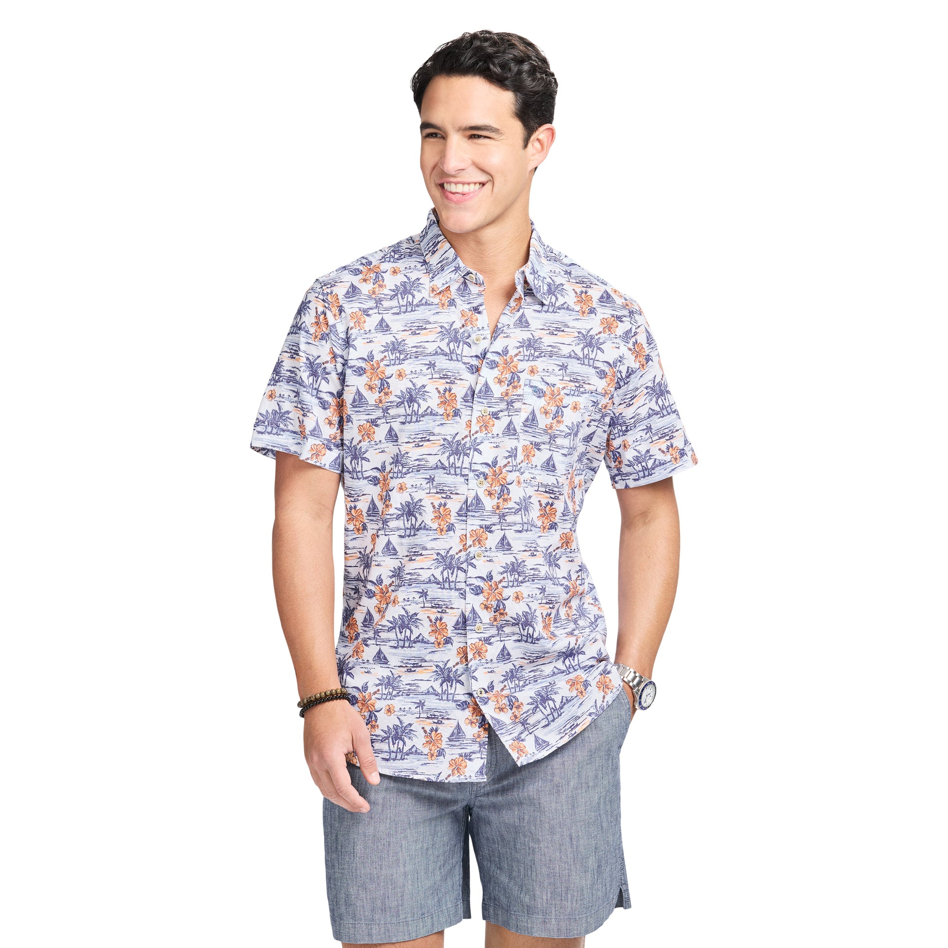 Izod DOCKSIDE CHAMBRAY S/S PRINTED SHIRT - BRIGHT WHITE