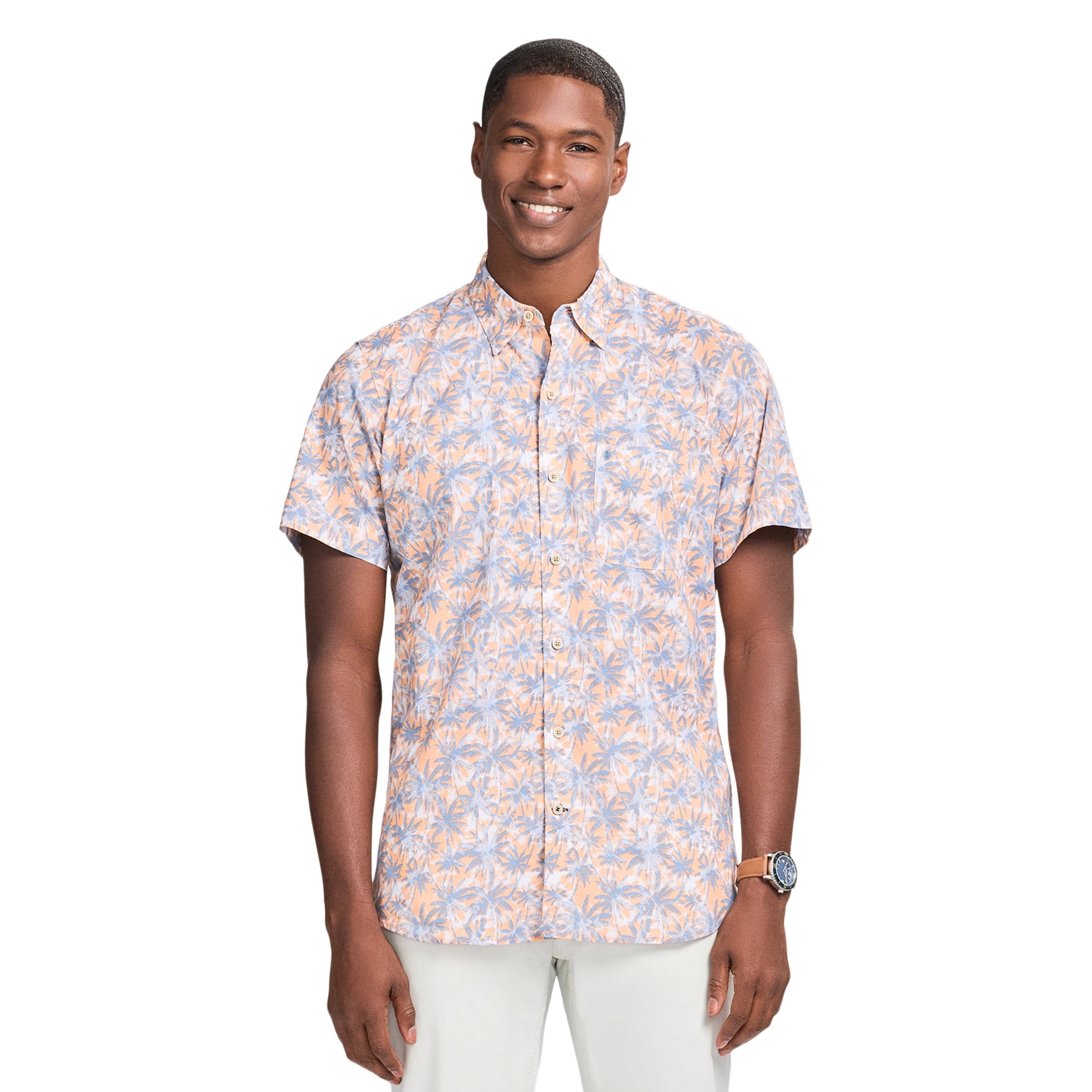 Izod DOCKSIDE CHAMBRAY S/S PRINTED SHIRT - PEACH COBBLER