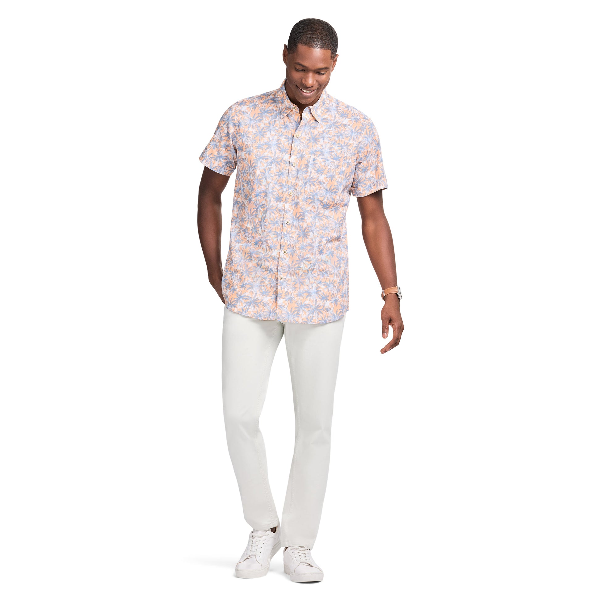 Izod DOCKSIDE CHAMBRAY S/S PRINTED SHIRT - PEACH COBBLER