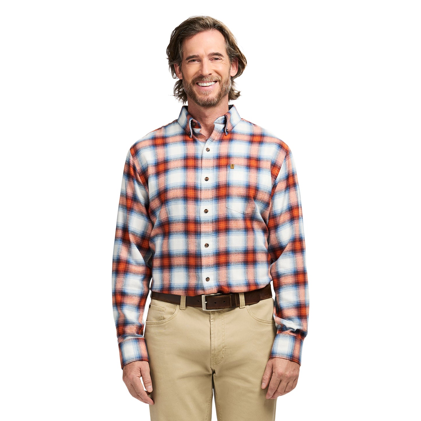 Izod Stratton Flannel Long Sleeve Button Down Shirt - Orange Rust