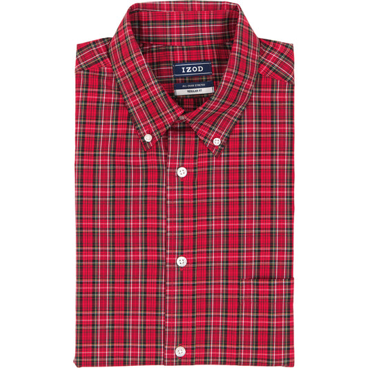 Izod All Over Stretch Tartan Button Down Dress Shirt - Real Red