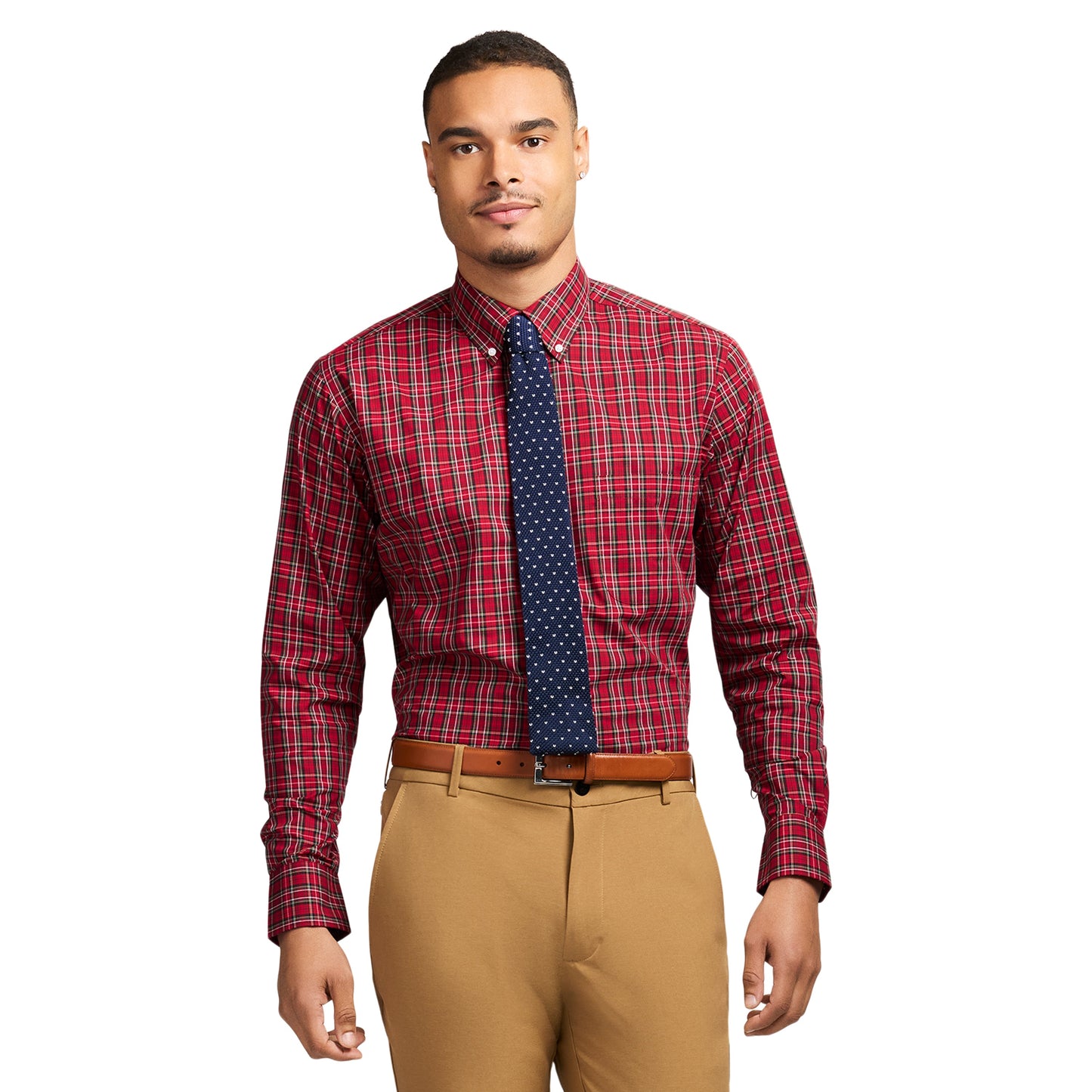 Izod All Over Stretch Tartan Button Down Dress Shirt - Real Red