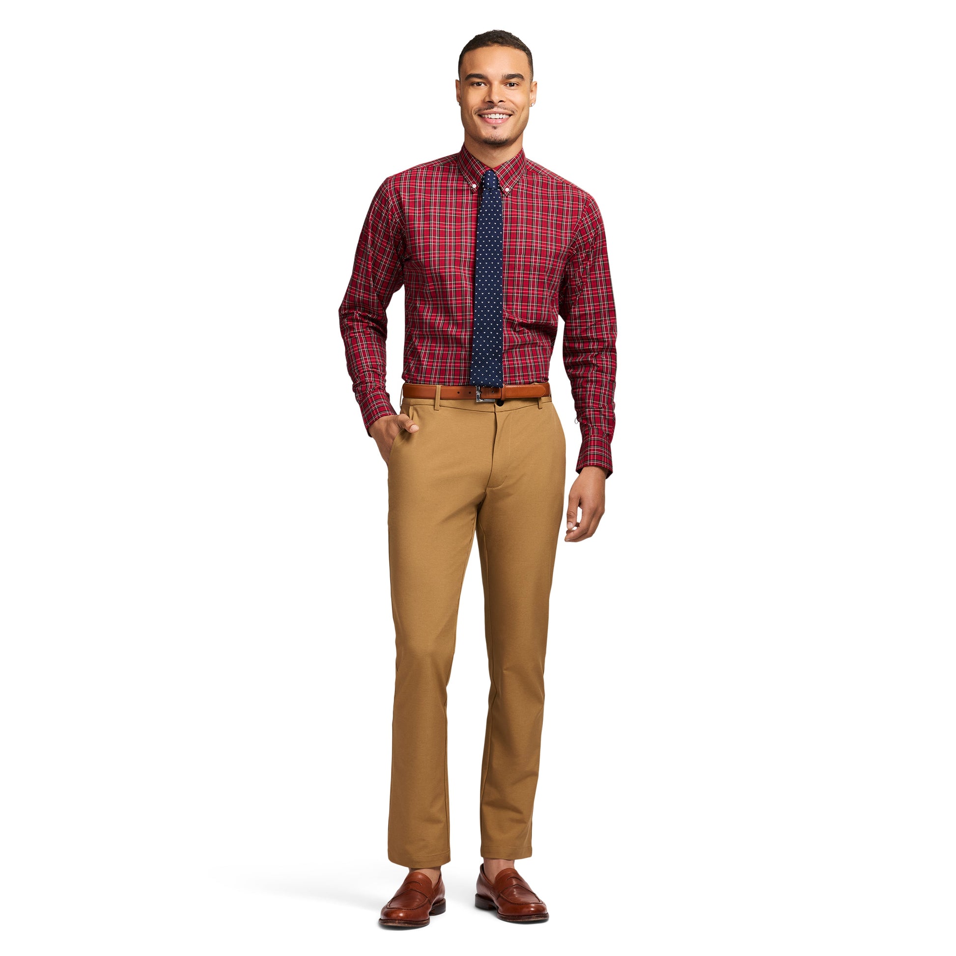 Izod All Over Stretch Tartan Button Down Dress Shirt - Real Red