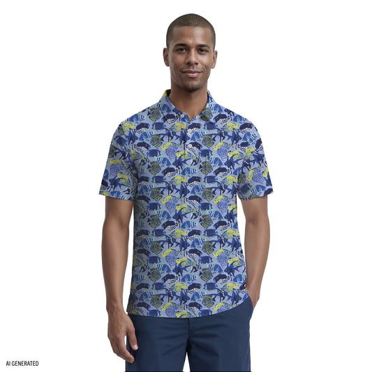 Izod SUNSHIELD PERFORMANCE S/S PRINTED POLO - CHAMBRAY BLUE