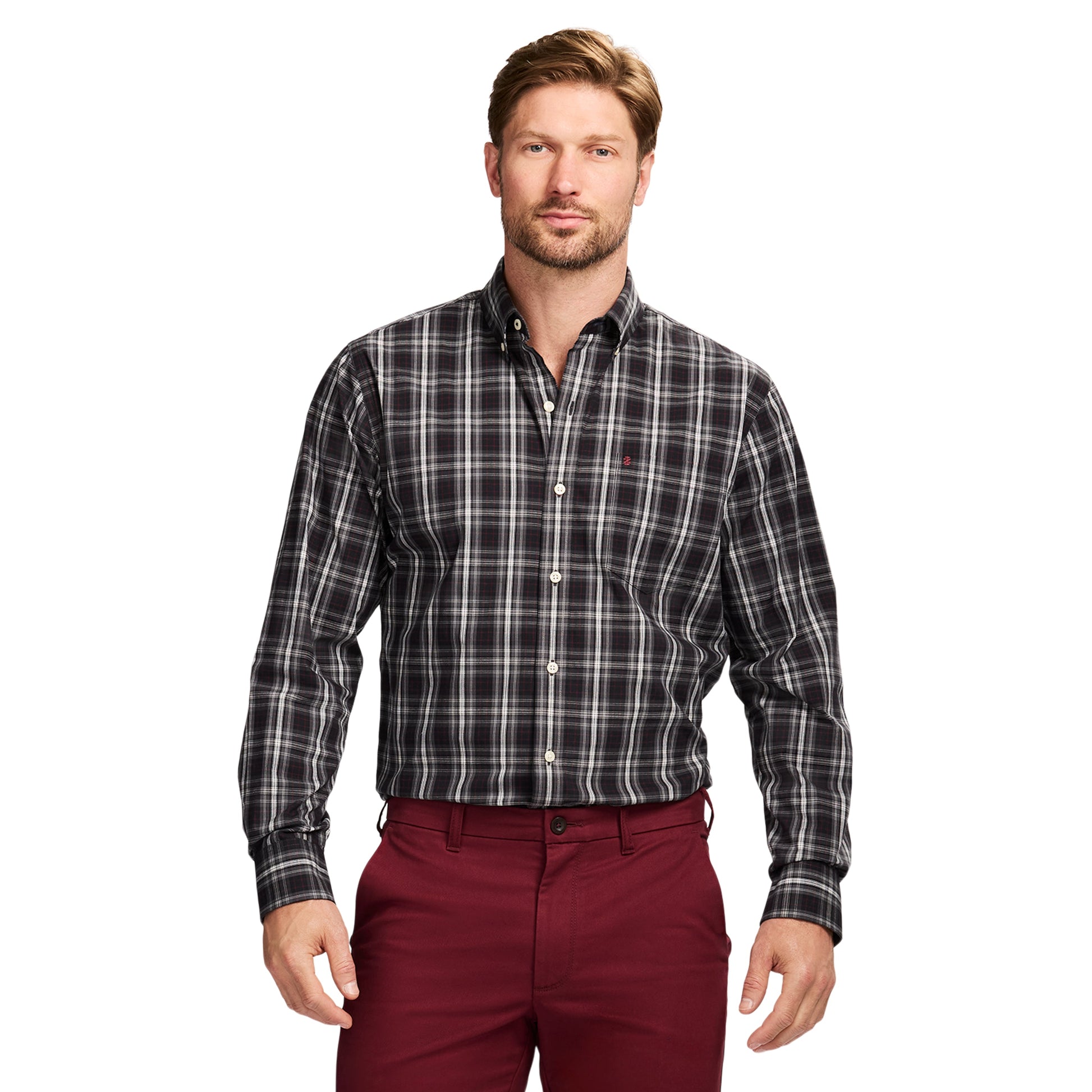 Izod Holiday Tartan Long Sleeve Button Down Shirt - Black