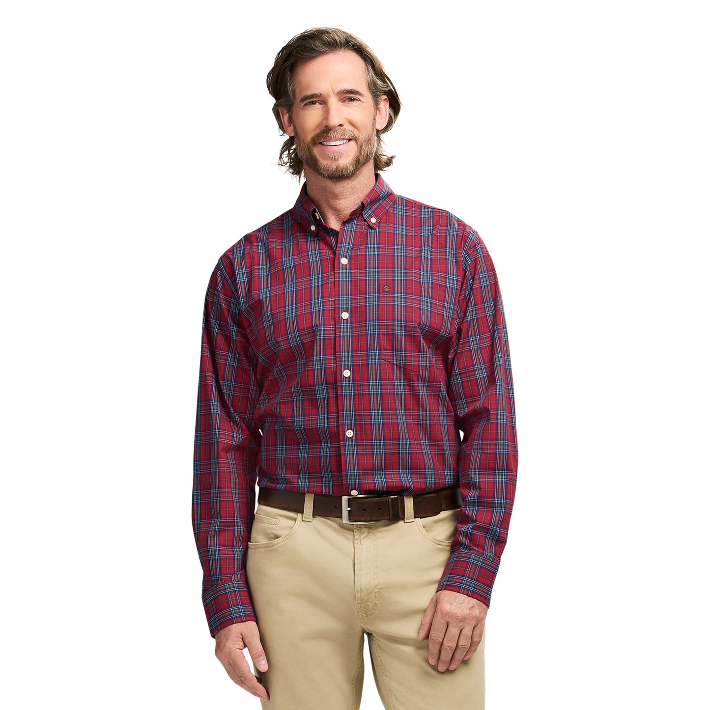 Izod Holiday Tartan Long Sleeve Button Down Shirt - Red Dahlia