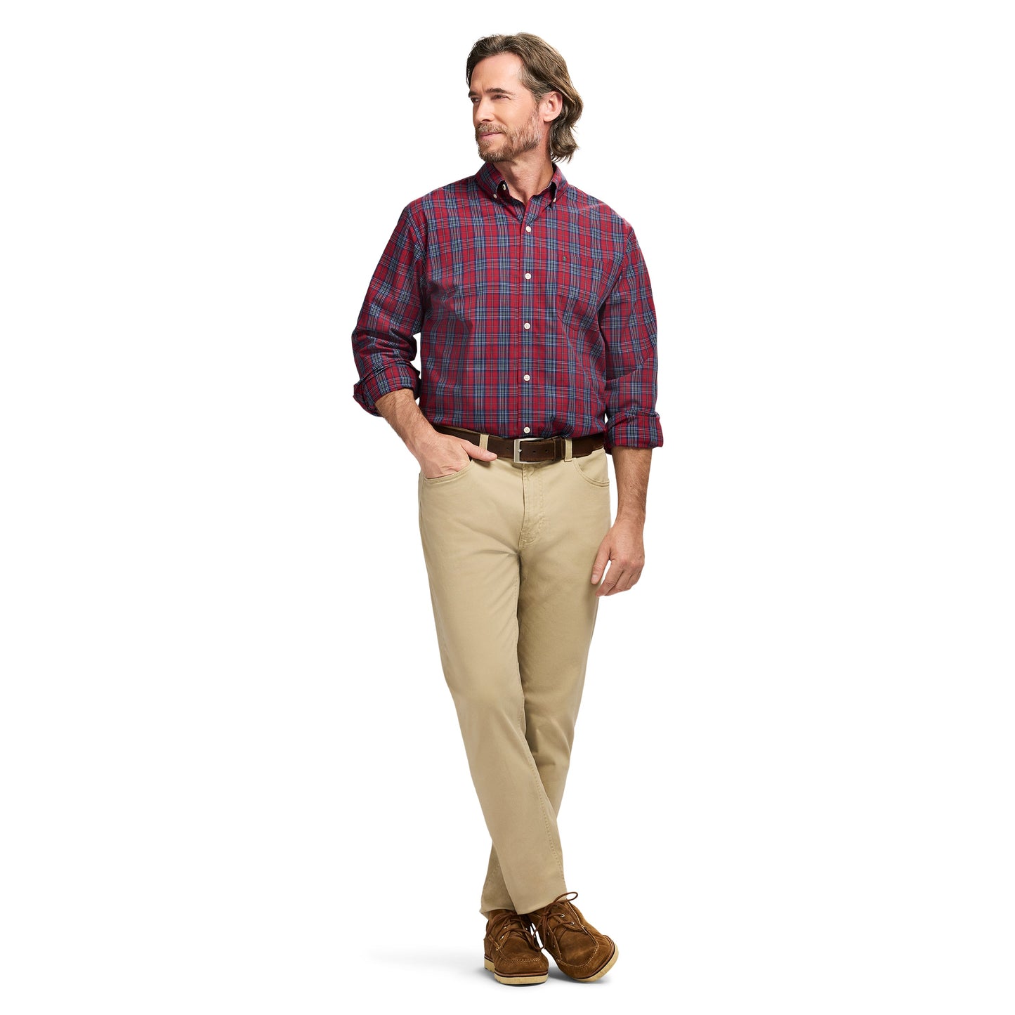 Izod Holiday Tartan Long Sleeve Button Down Shirt - Red Dahlia