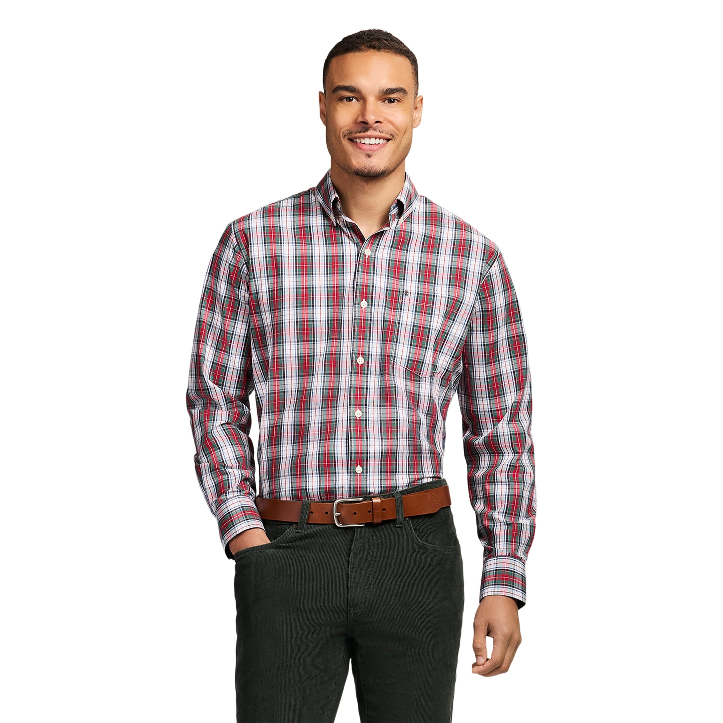 Izod Holiday Tartan Long Sleeve Button Down Shirt - Scarlet Sage