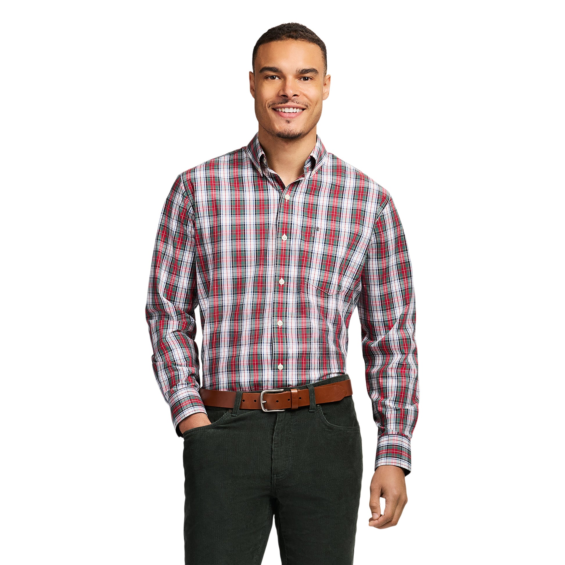 Izod Holiday Tartan Long Sleeve Button Down Shirt - Scarlet Sage