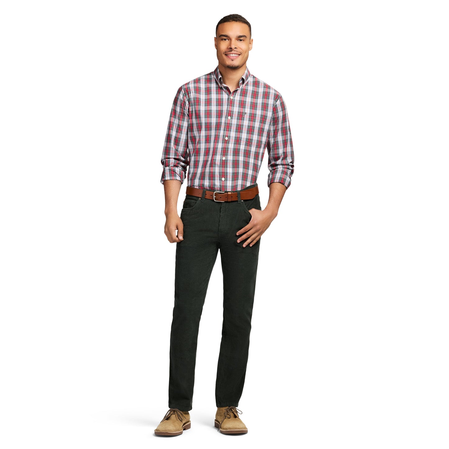 Izod Holiday Tartan Long Sleeve Button Down Shirt - Scarlet Sage