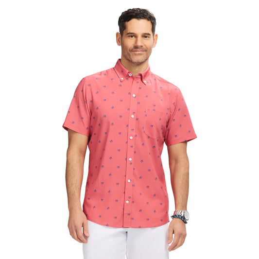 Izod Breeze Short Sleeve Printed Button Down Shirt - Holly Berry