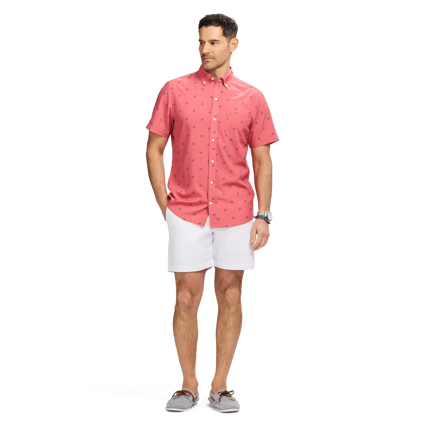 Izod Breeze Short Sleeve Printed Button Down Shirt - Holly Berry