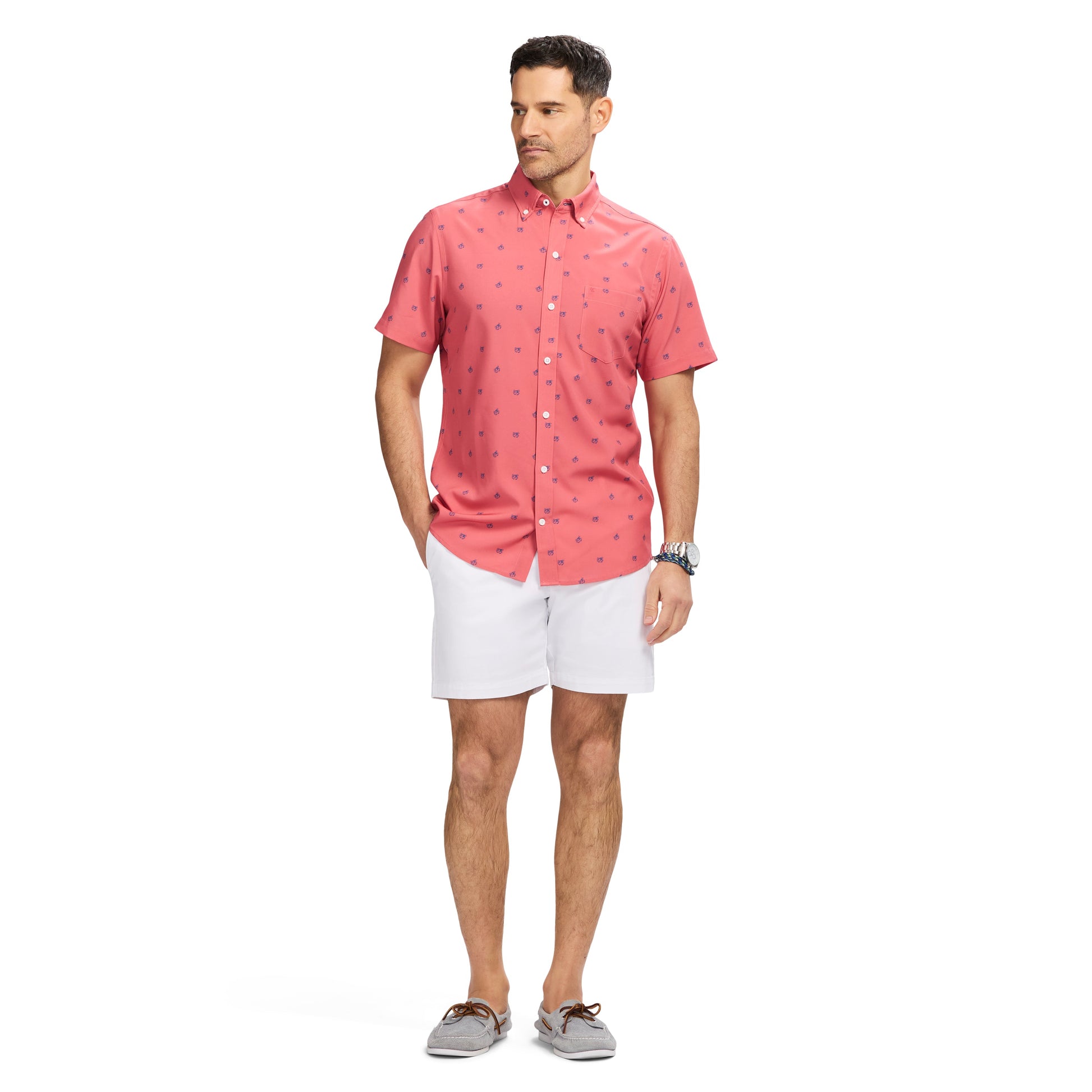 Izod Breeze Short Sleeve Printed Button Down Shirt - Holly Berry