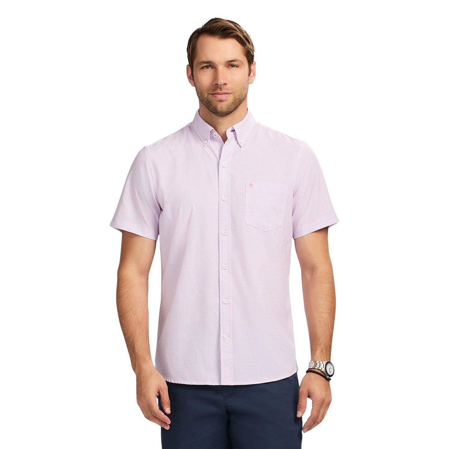 Izod Breeze Short Sleeve Printed Button Down Shirt - Prism Pink