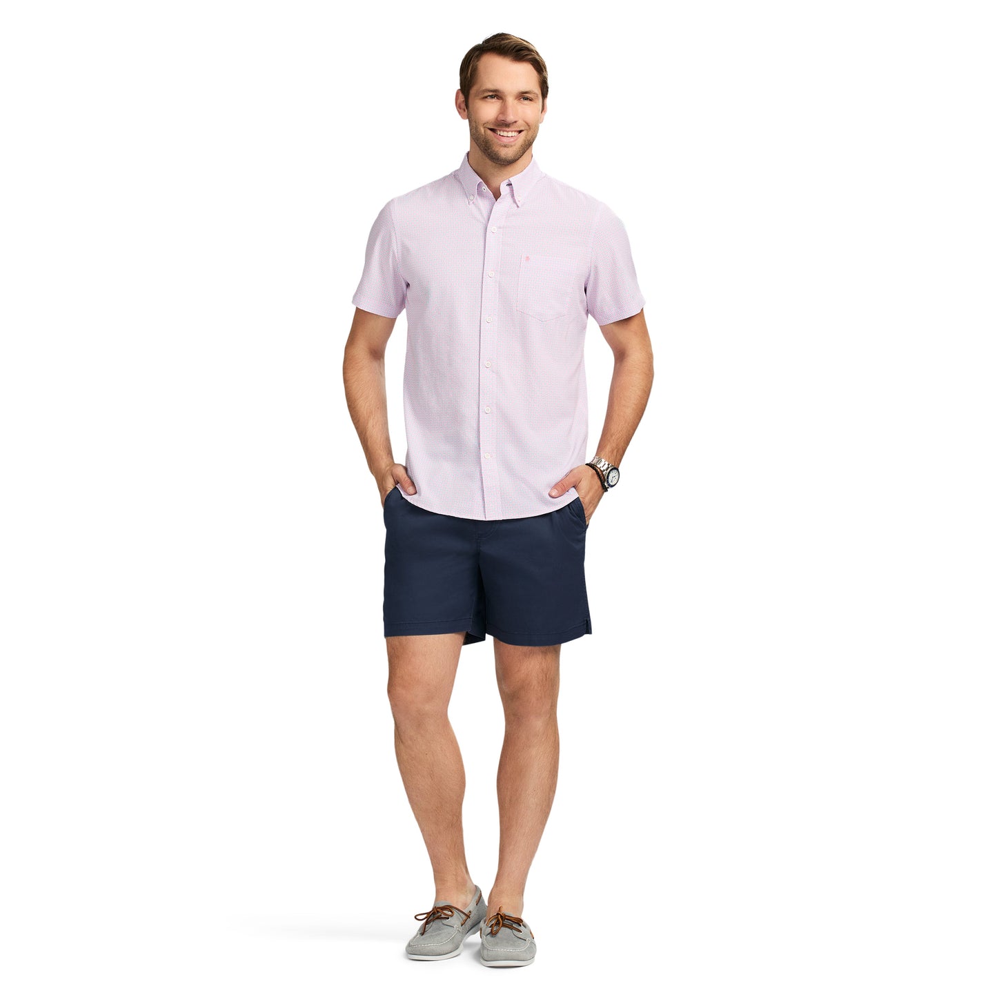 Izod Breeze Short Sleeve Printed Button Down Shirt - Prism Pink