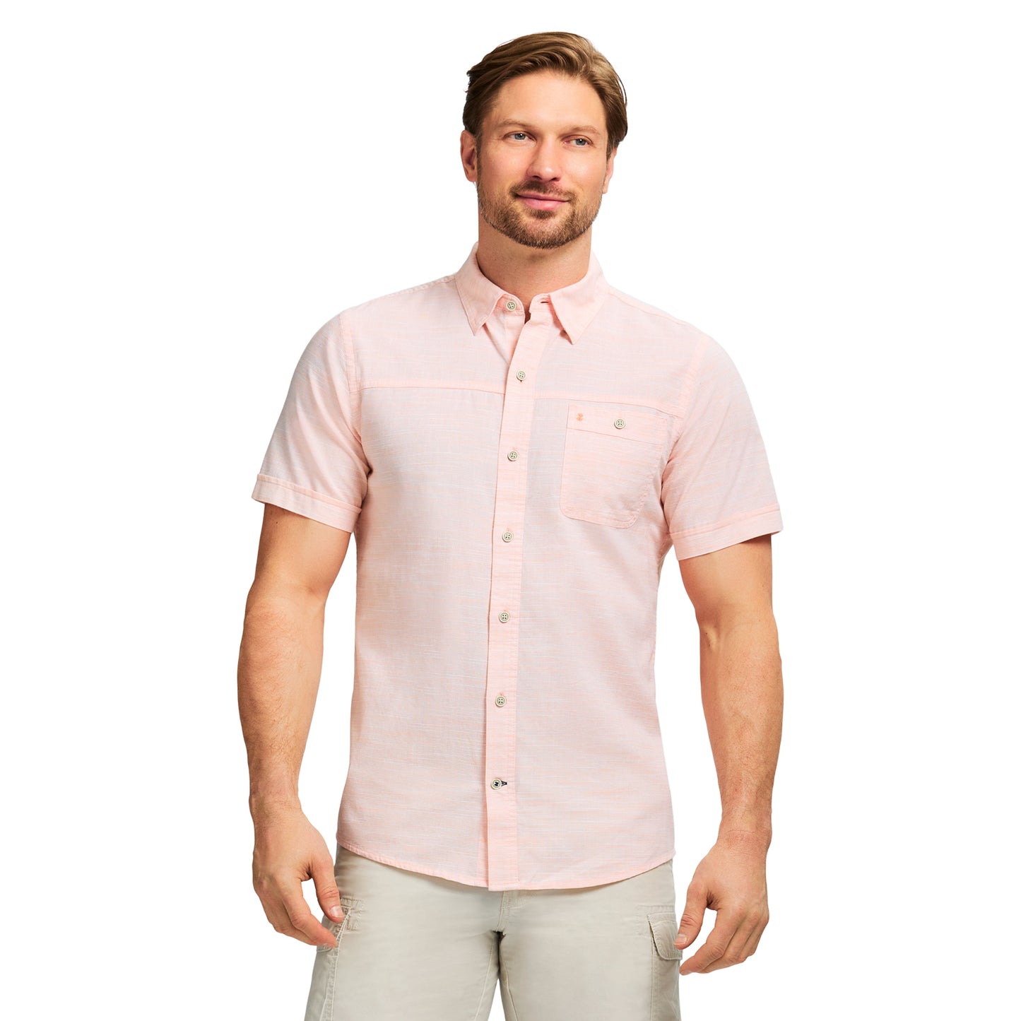 Izod Dockside Solid Chambray Short Sleeve Button Down Shirt - Cantaloupe