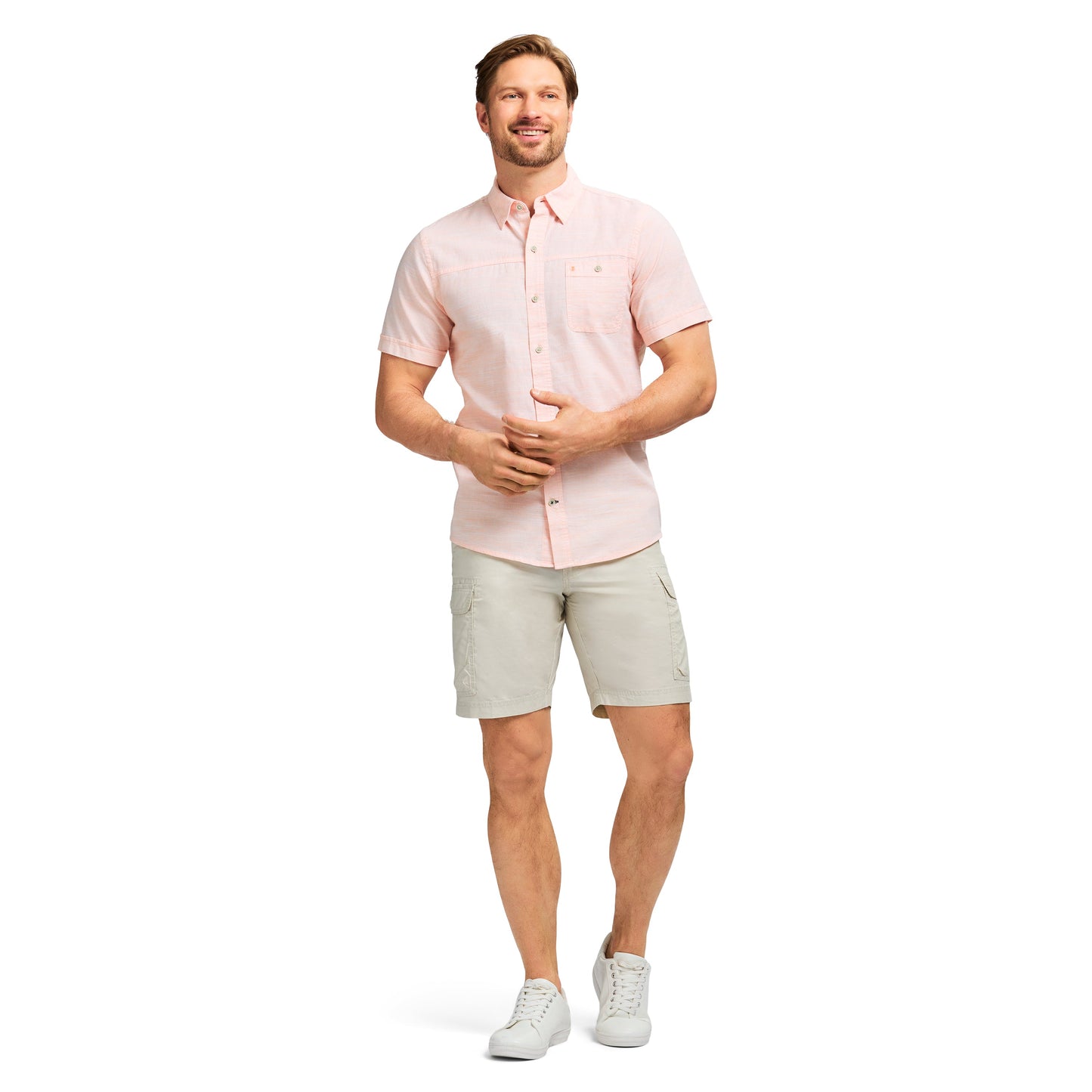 Izod Dockside Solid Chambray Short Sleeve Button Down Shirt - Cantaloupe