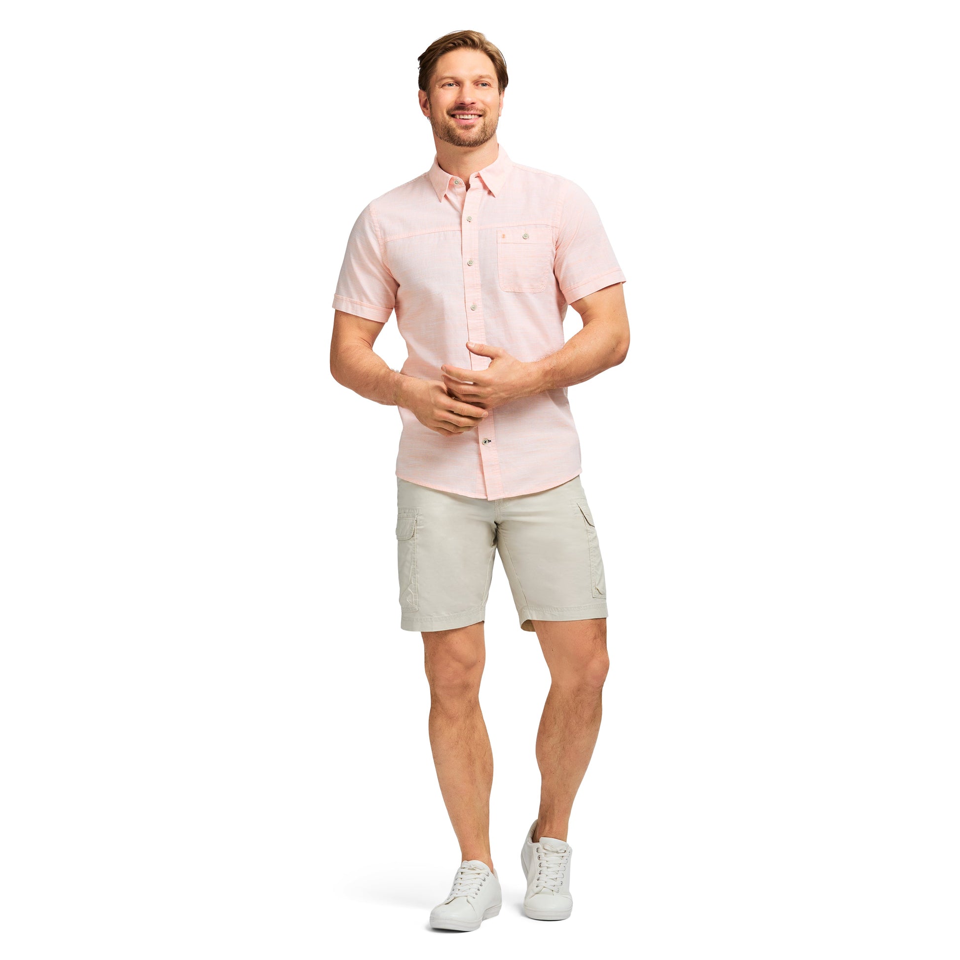 Izod Dockside Solid Chambray Short Sleeve Button Down Shirt - Cantaloupe