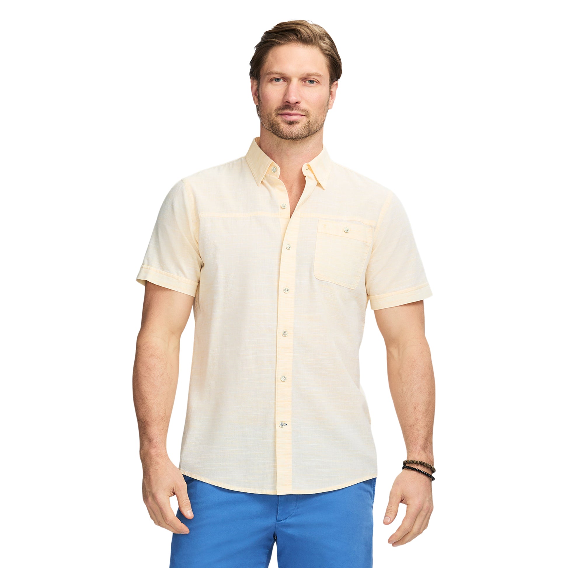 Izod Dockside Solid Chambray Short Sleeve Button Down Shirt - Banana Cream
