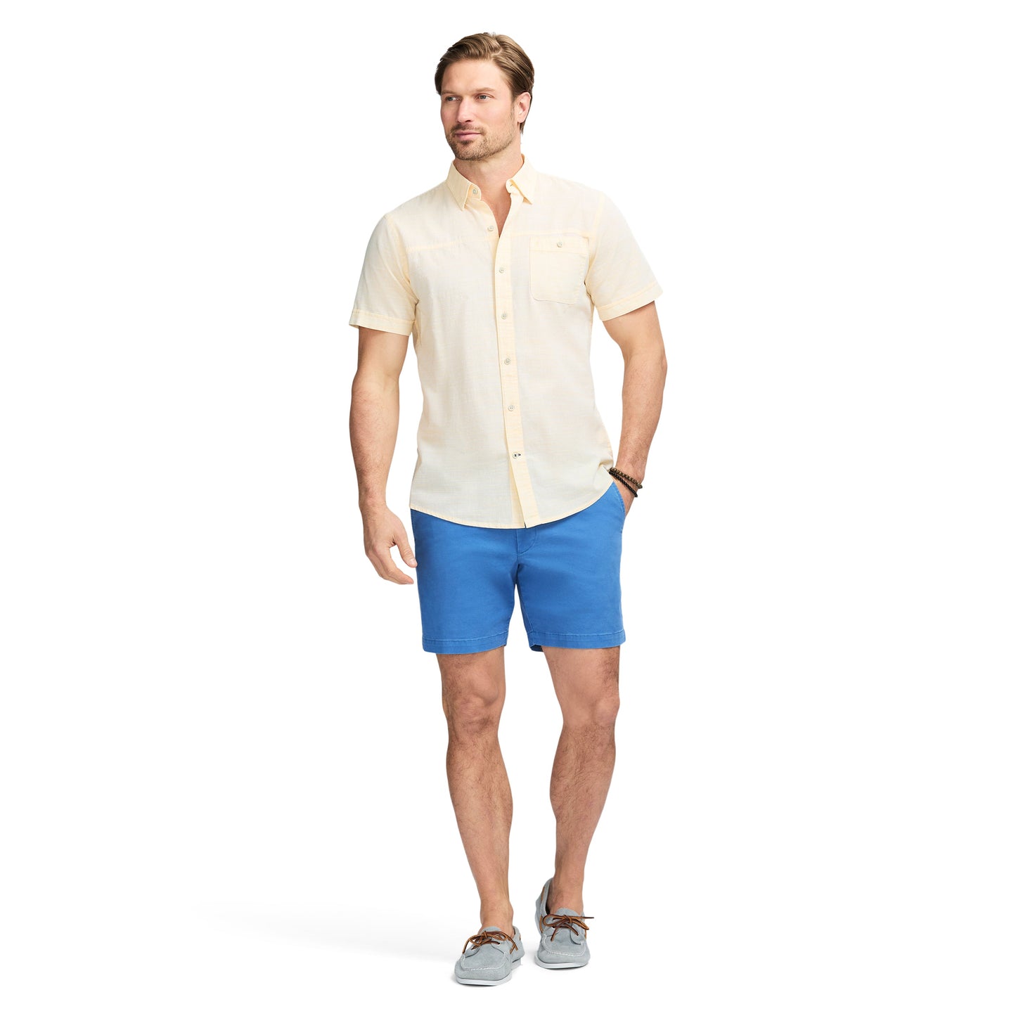 Izod Dockside Solid Chambray Short Sleeve Button Down Shirt - Banana Cream