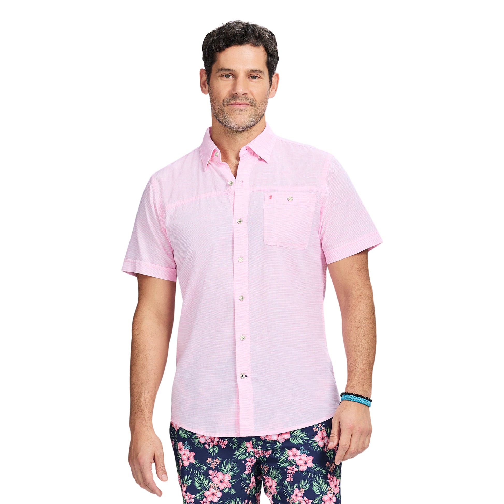 Izod Dockside Solid Chambray Short Sleeve Button Down Shirt - Pink Carnation