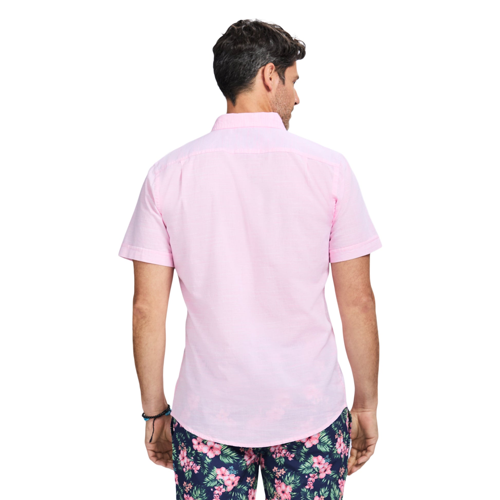 Izod Dockside Solid Chambray Short Sleeve Button Down Shirt - Pink Carnation