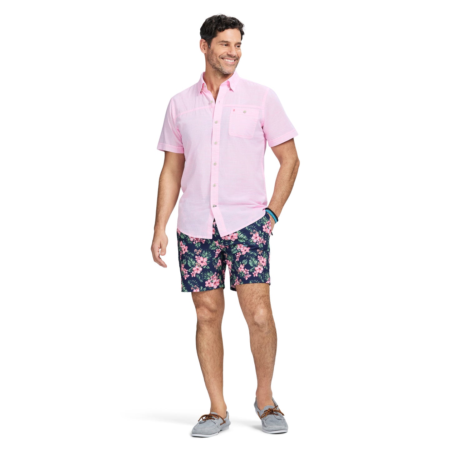 Izod Dockside Solid Chambray Short Sleeve Button Down Shirt - Pink Carnation