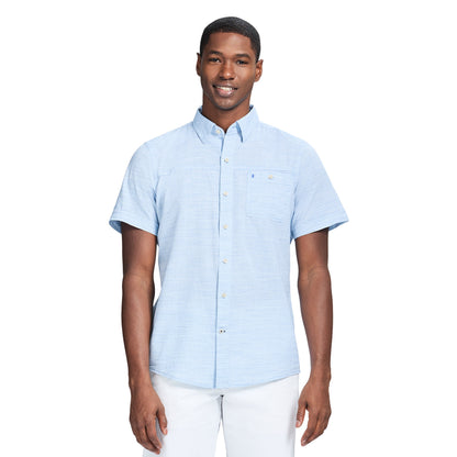 Izod Dockside Solid Chambray Short Sleeve Button Down Shirt - Blue Revival