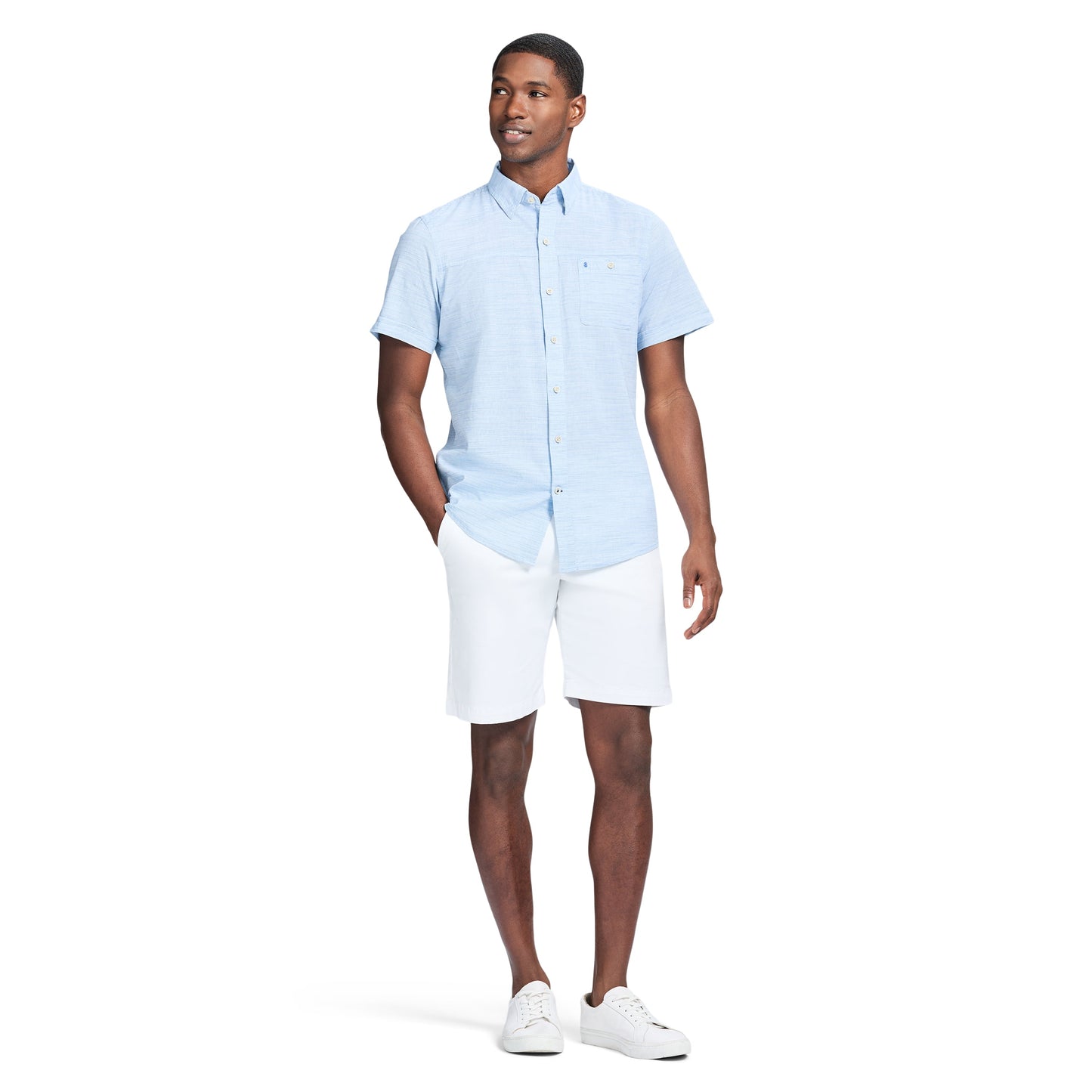 Izod Dockside Solid Chambray Short Sleeve Button Down Shirt - Blue Revival