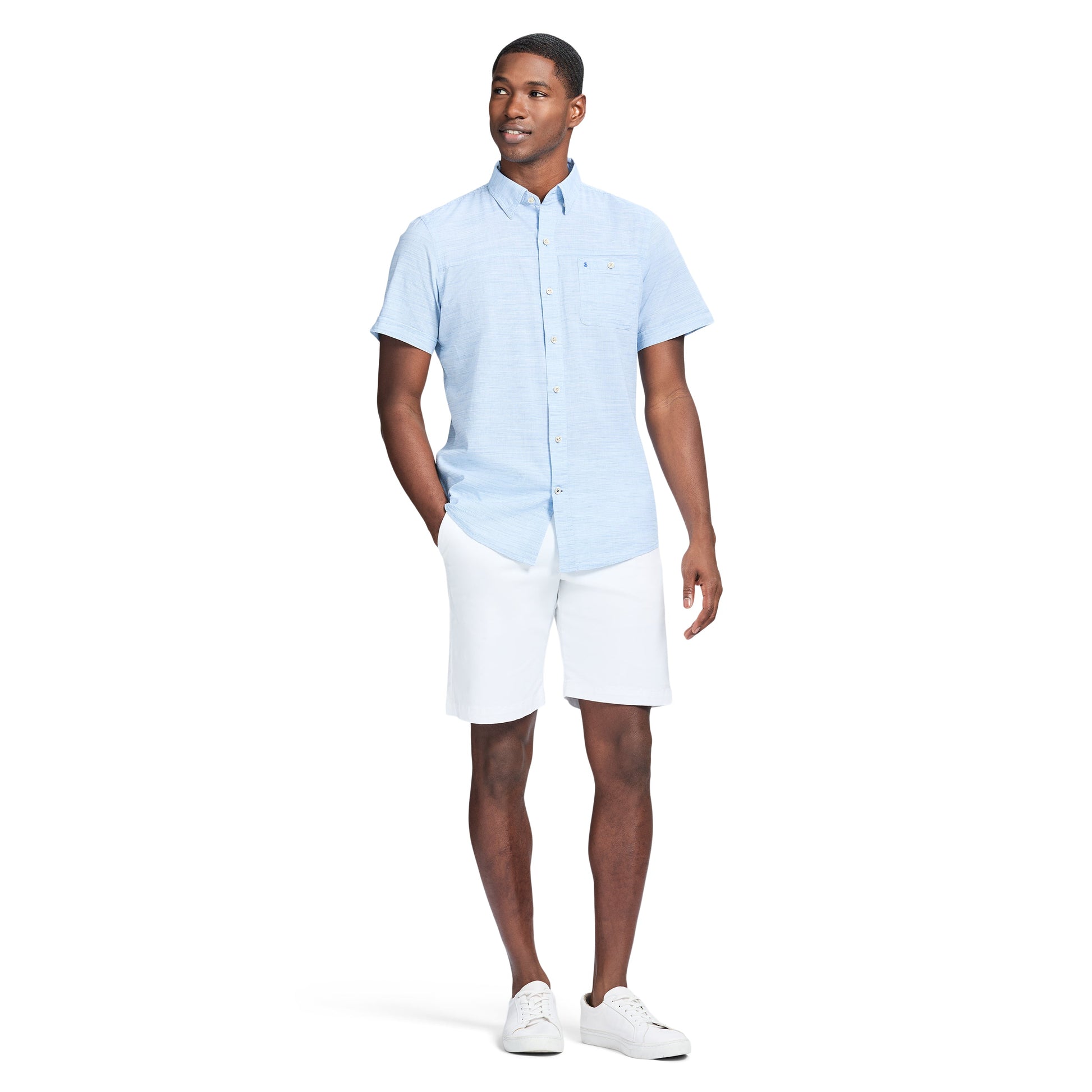 Izod Dockside Solid Chambray Short Sleeve Button Down Shirt - Blue Revival