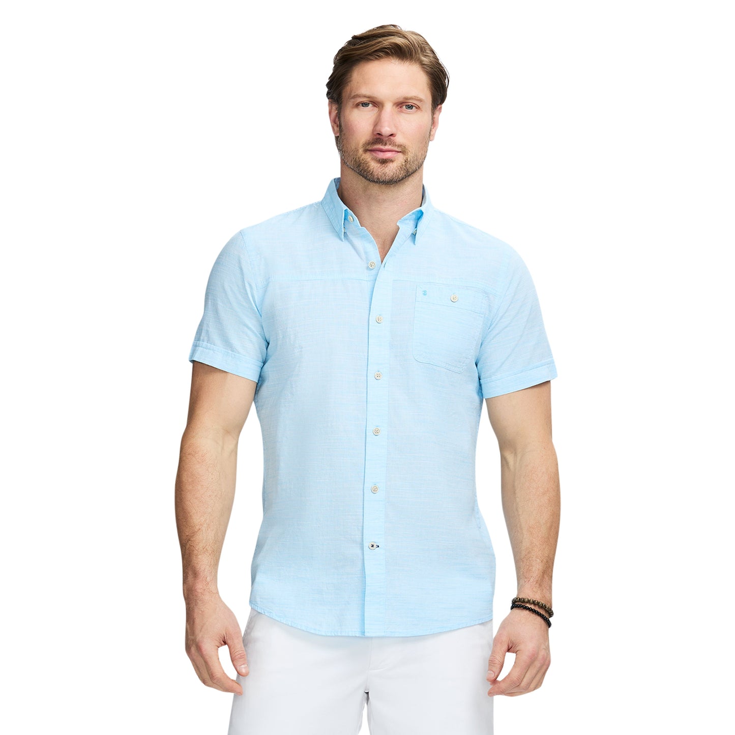 Izod Dockside Solid Chambray Short Sleeve Button Down Shirt - Aquarius