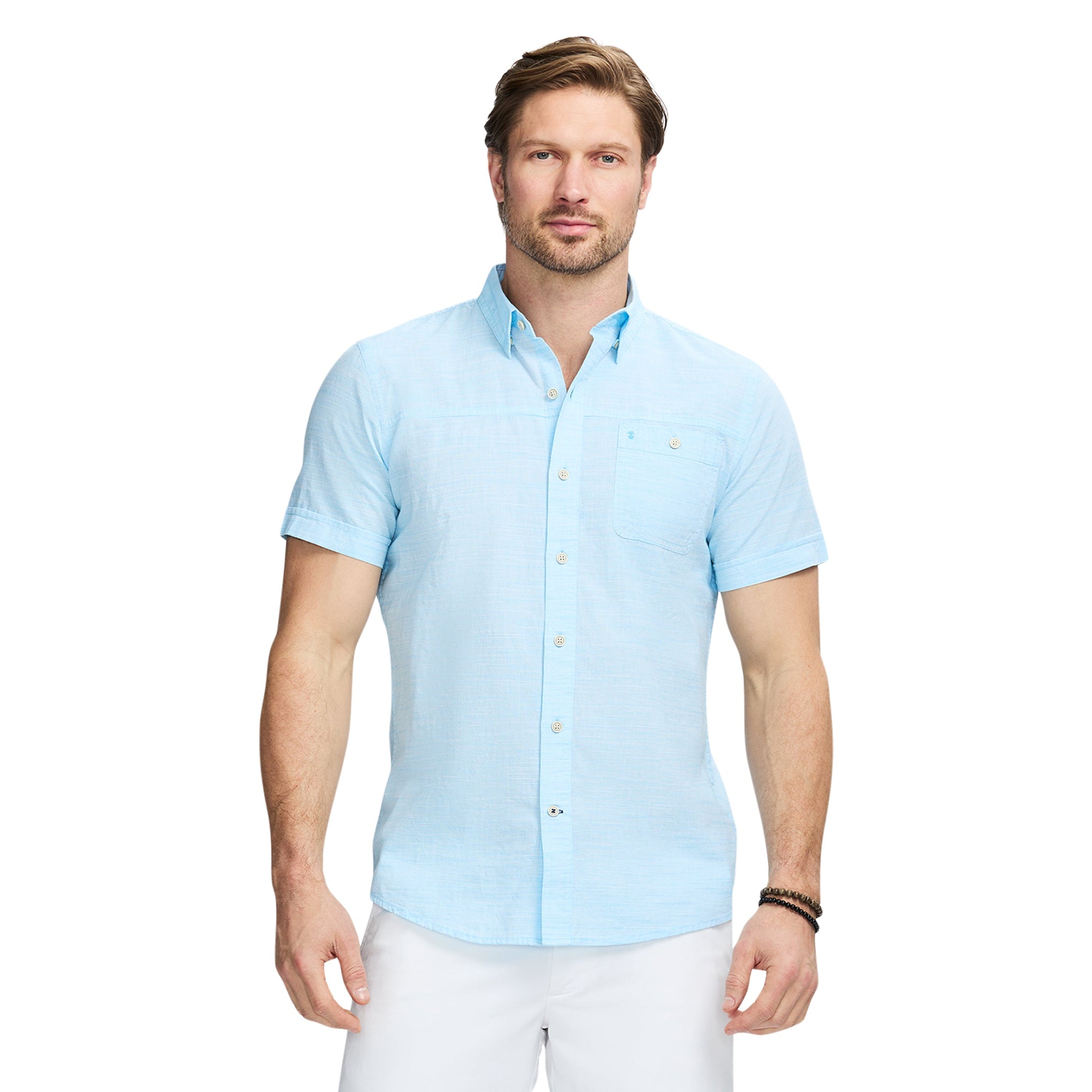 Izod Dockside Solid Chambray Short Sleeve Button Down Shirt - Aquarius