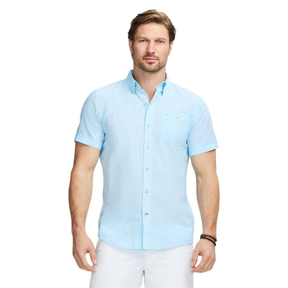 Izod Dockside Solid Chambray Short Sleeve Button Down Shirt - Aquarius