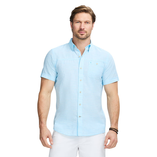 Izod Dockside Solid Chambray Short Sleeve Button Down Shirt - Aquarius