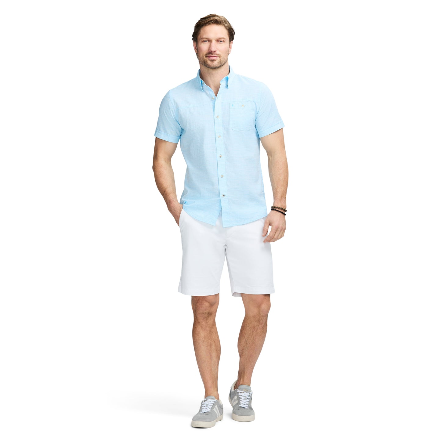 Izod Dockside Solid Chambray Short Sleeve Button Down Shirt - Aquarius