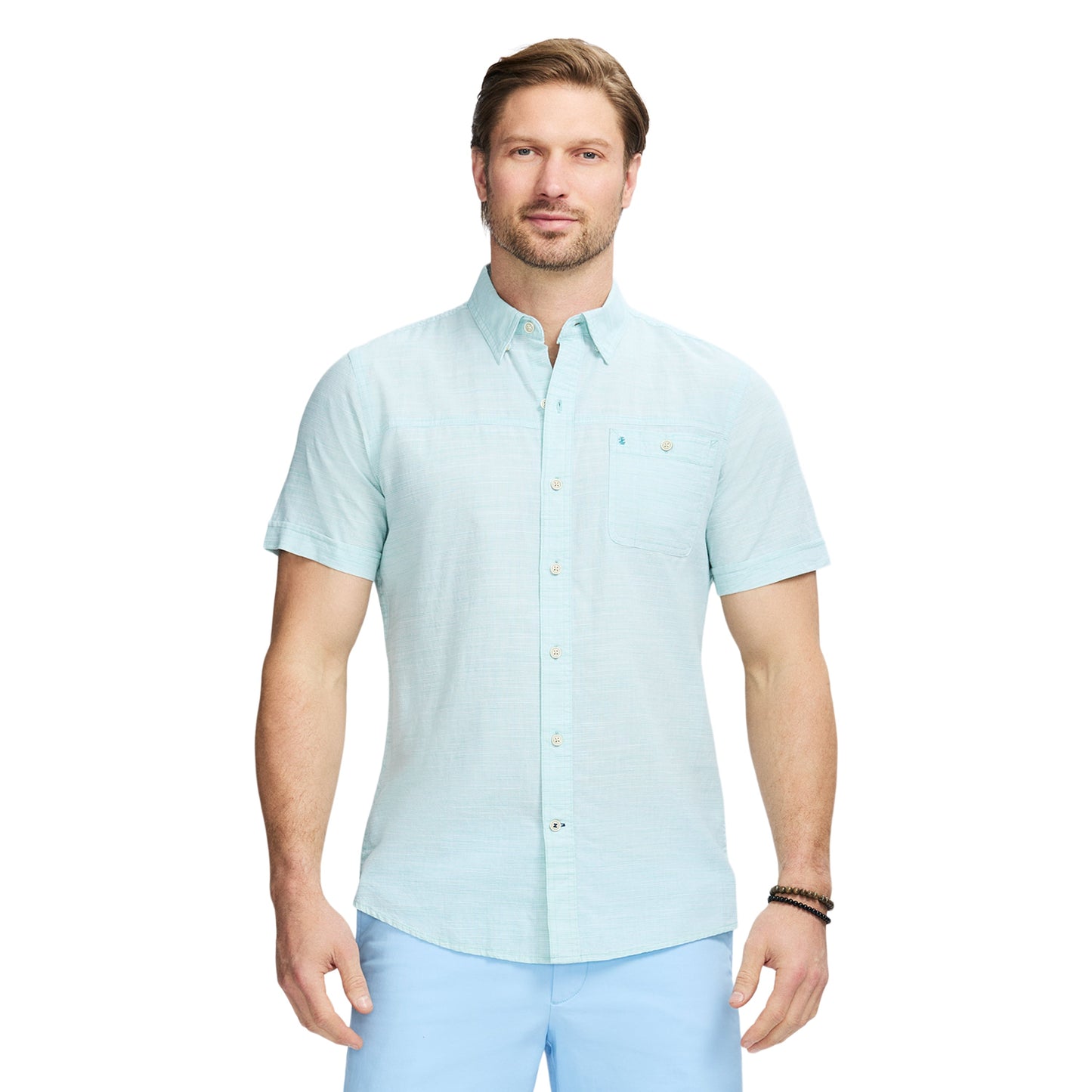 Izod Dockside Solid Chambray Short Sleeve Button Down Shirt - Wasabi