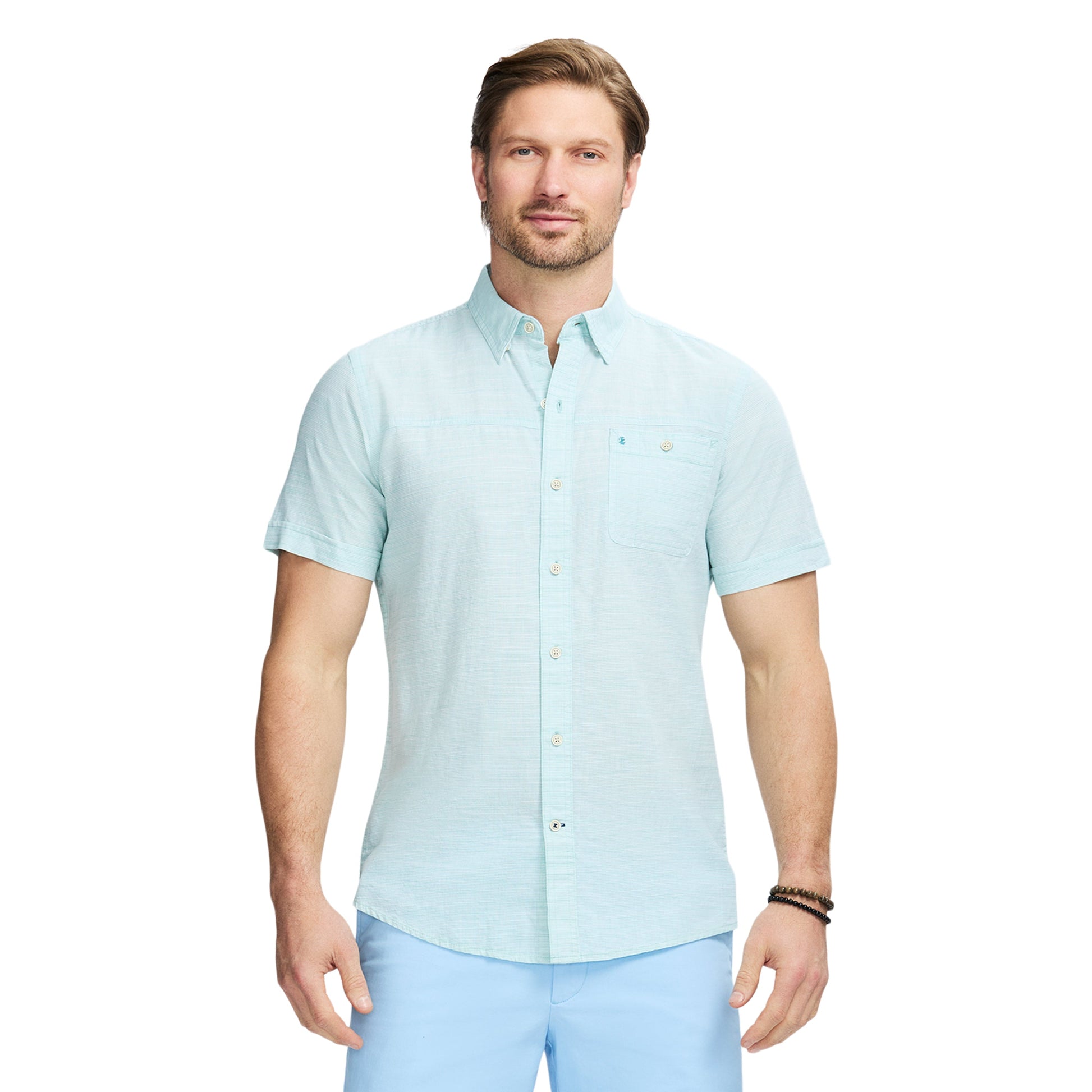 Izod Dockside Solid Chambray Short Sleeve Button Down Shirt - Wasabi