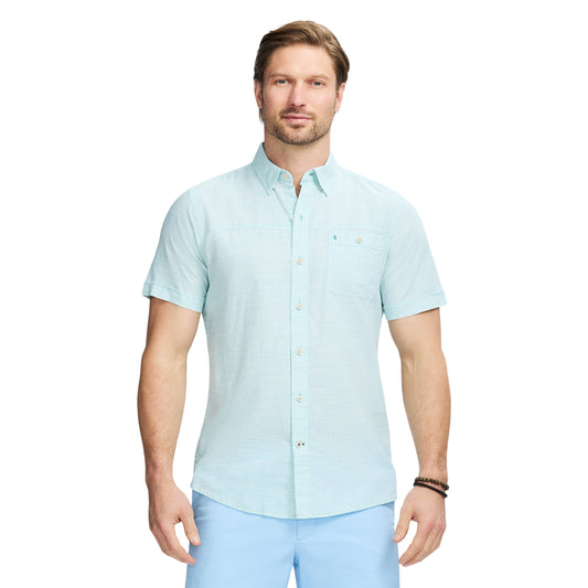 Izod Dockside Solid Chambray Short Sleeve Button Down Shirt - Wasabi
